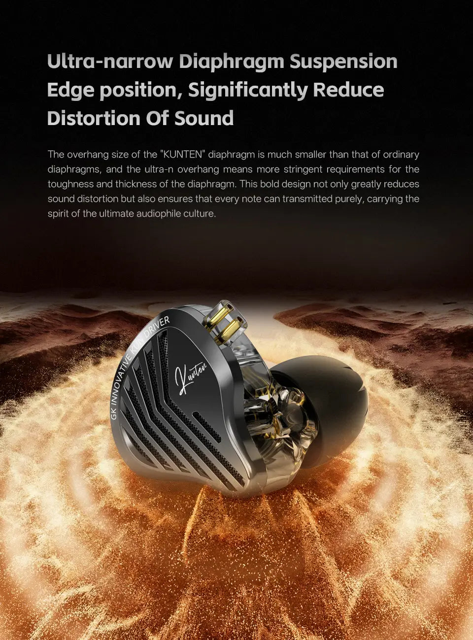 ブラックとシルバーのgk kunten hifi有線インイヤーヘッドホン（マイク付き）。洗練された角張りのデザインと金色のアクセントを備えています。