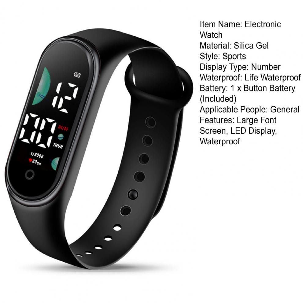 black silicone electronic watch with large font screen and rectangular digital display showing time and step count designed for sports use