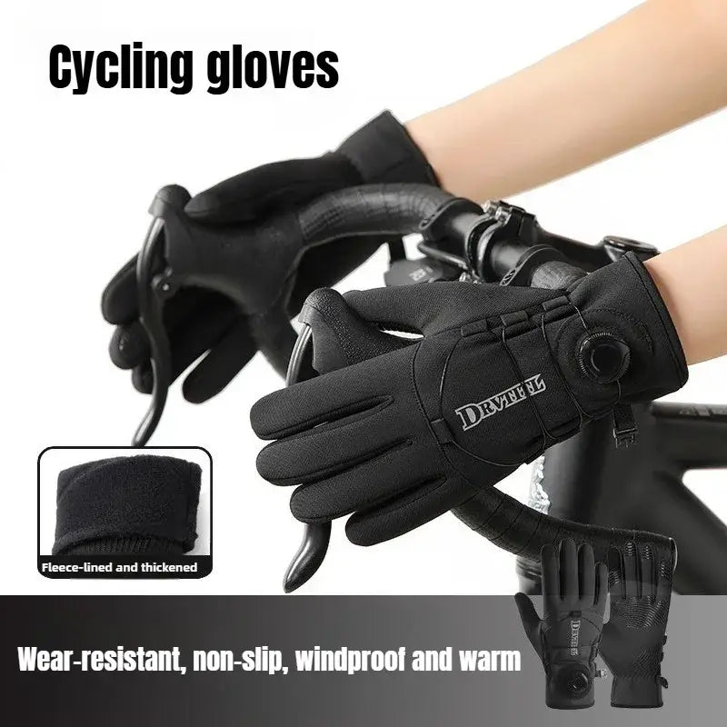 Gants thermiques coupe-vent noirs pour cyclisme, doublés en polaire, avec poignets épaissis et munis d’un système de fermeture, présentés côté dos, offrant un design durable résistant à l’usure et antidérapant.