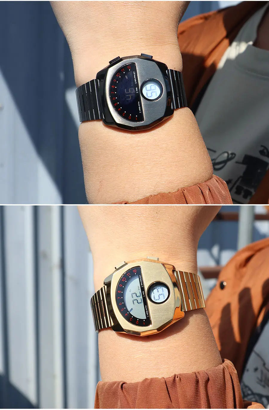 Megir men stainless steel digital watch in black and gold with a dual-display face featuring analog-style dials and a bold angular design.