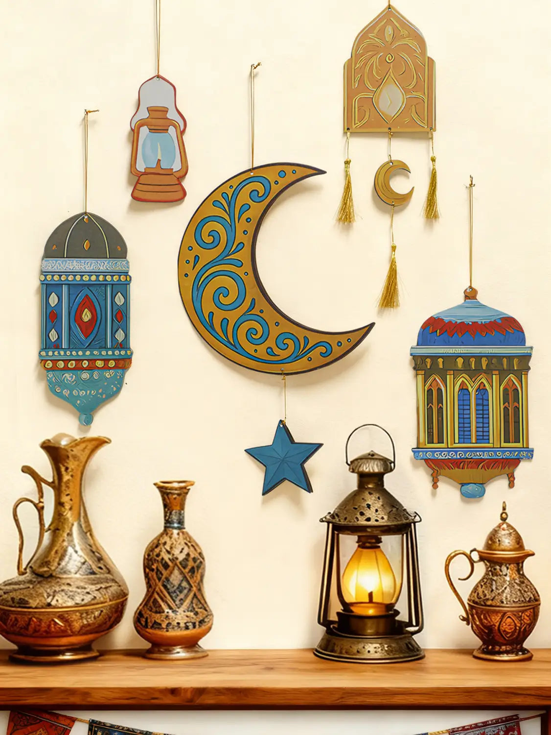 Un farol de luna estrella de latón con brillo y patrones recortados intrincados, con una luz ámbar cálida en su interior, apoyado sobre una repisa de madera como decoración de pared para Ramadán islámico de estilo moderno.