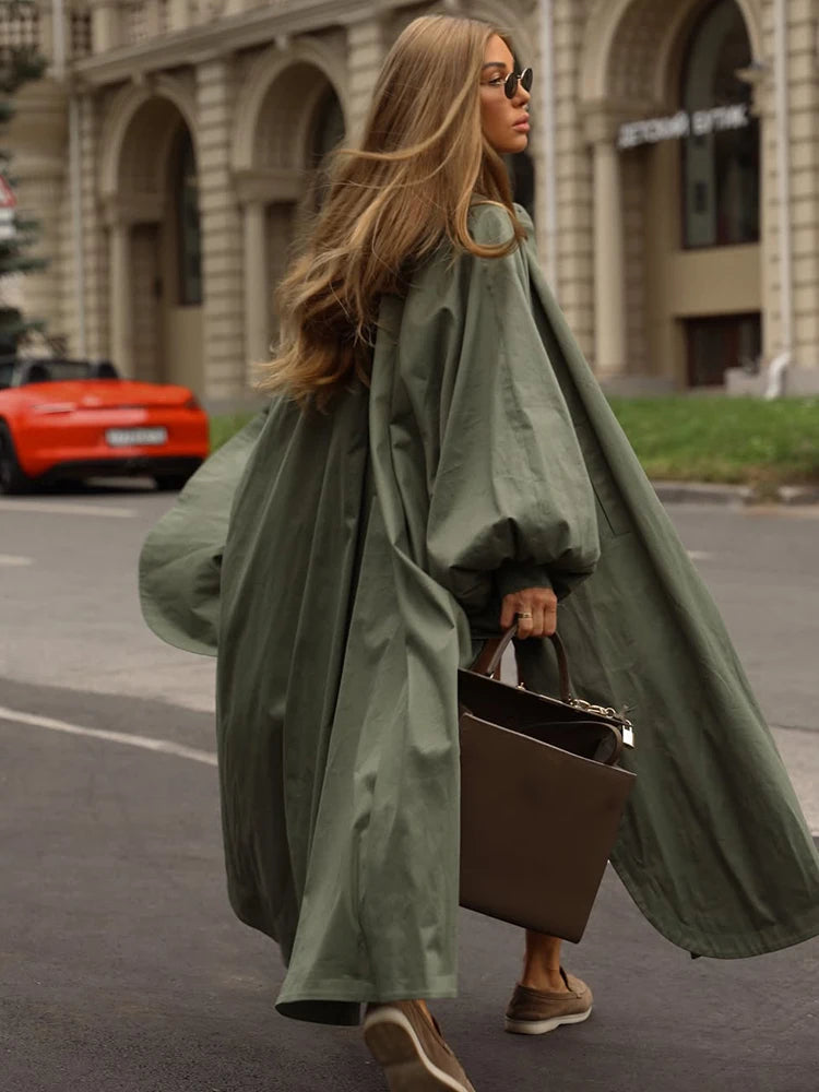 Solid Commute Women's Trench Coat Ovesized Puff Sleeve Single Breasted Long Jacket Lapel Side Slit 2026 New Autumn Lady Outwear