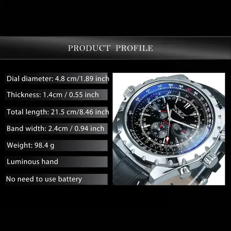 Mechanical stainless steel men’s chronograph watch featuring a silver-toned case, black dial with blue accent ring, and black leather strap.