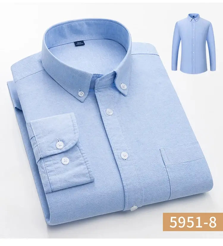 Men’s cotton oxford slim fit plaid shirt in light blue featuring a classic collar and white buttons.