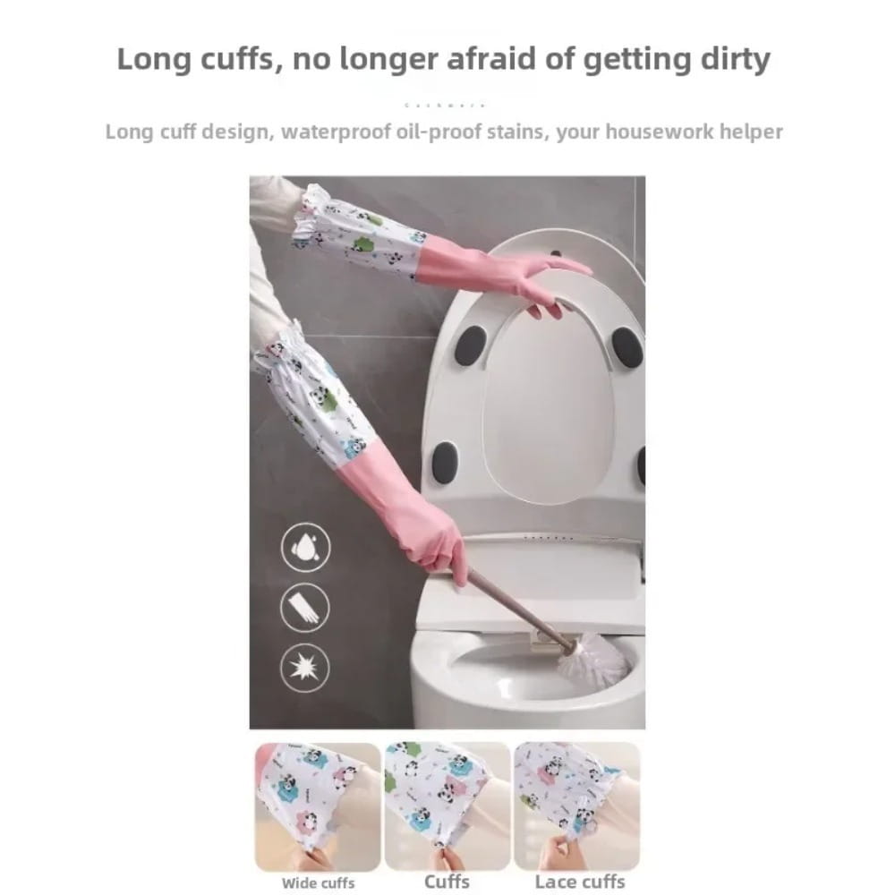 Waterproof cleaning gloves with panda cuffs in pink and white patterned long sleeve design featuring cartoon animal prints.
