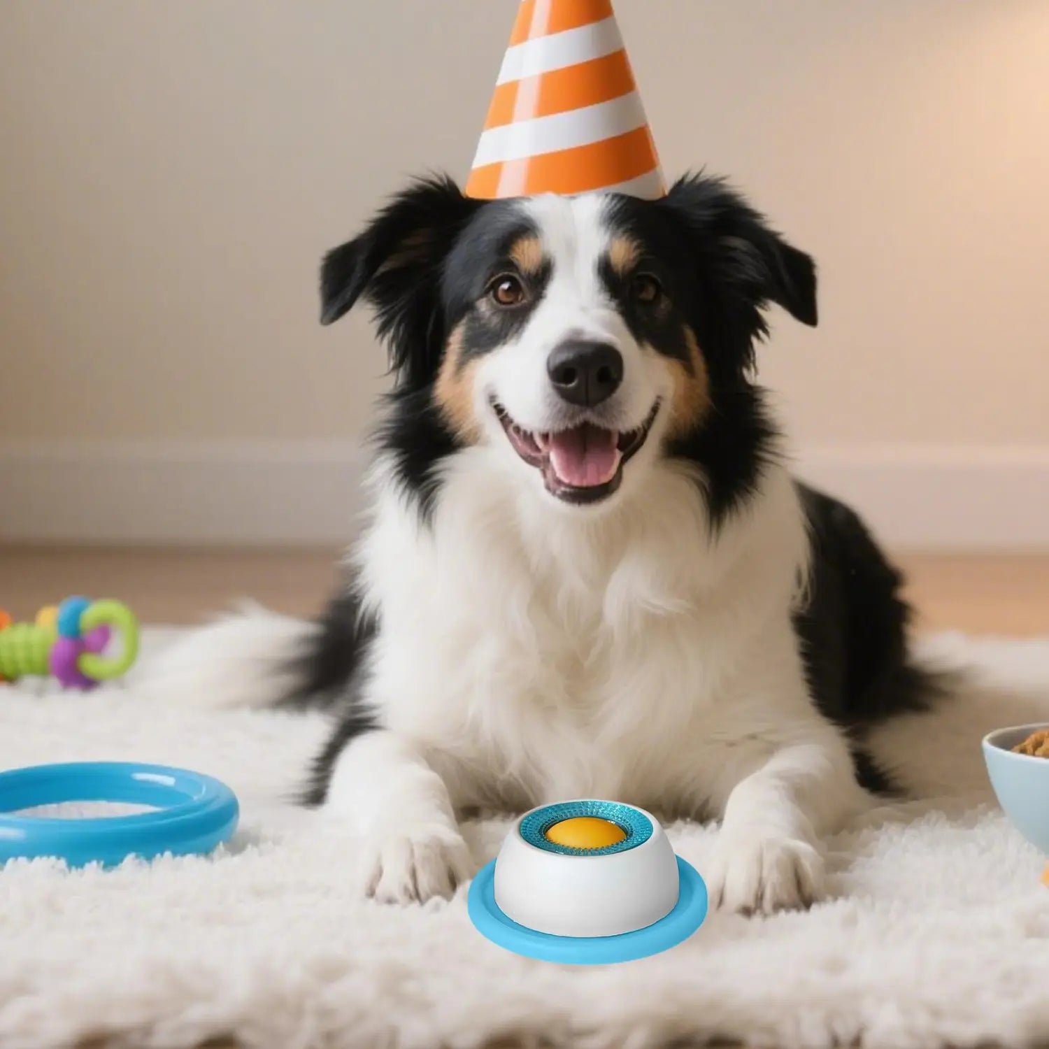 a cheerful black white and tan border collie wearing an orange and white striped party hat sits happily with a blue dog licking toy slow feeder puzzle for puppies in front of it