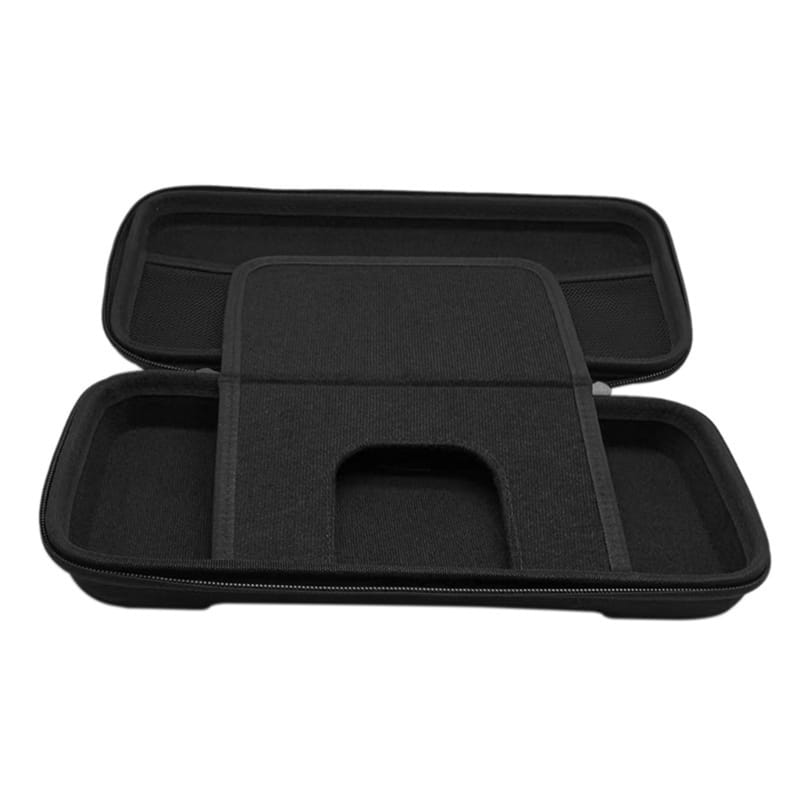 Black hard-shell storage bag for Asus Rog Ally Eva with molded interior compartments and a central cutout designed to securely hold electronic devices.