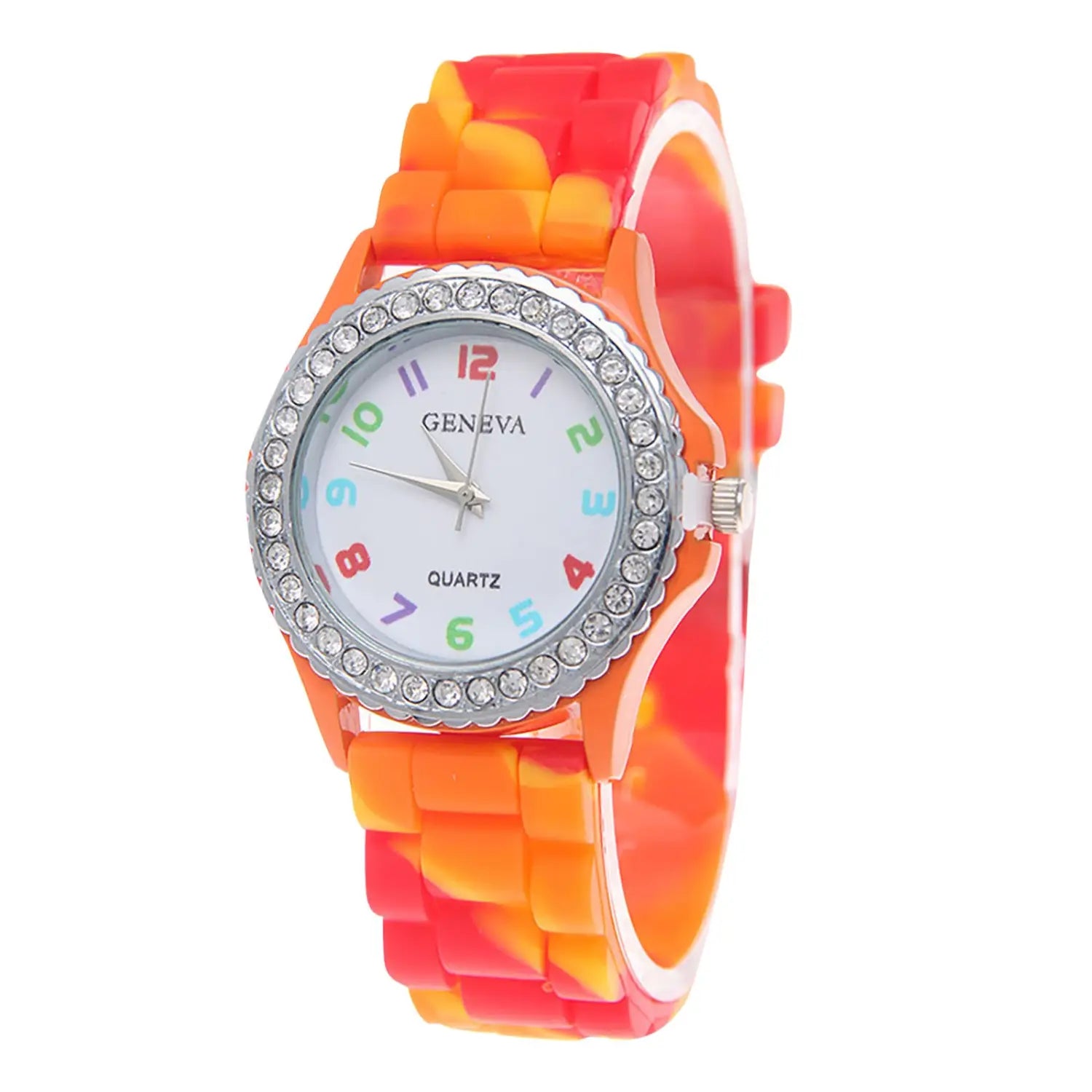 A girls crystal bling rainbow silicone watch featuring a vibrant orange and red gradient silicone band, a silver-toned bezel adorned with clear crystals, and colorful numerals on a white face.