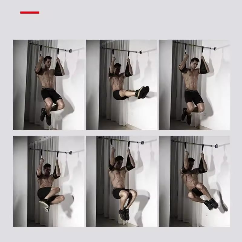 Black padded pull-up bar with adjustable height and secure grip handles designed for heavy duty ab sling straps hanging leg raise exercises.