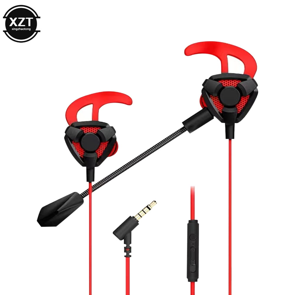 Rote und schwarze verkabelte Gaming-Ohrhörer mit flexiblem Mikrofon-Boom, Inline-Bedienelementen und einem abgewinkelten 3,5-mm-Klinkenstecker, ausgelegt als Headset-Gamer-Kopfhörer für die Nutzung mit Mobilgeräten und Konsolen.