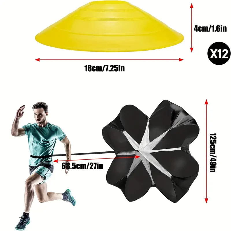 A yellow plastic cone and black nylon soccer speed training parachute designed for agility and speed development in the soccer speed training parachute and agility ladder kit.