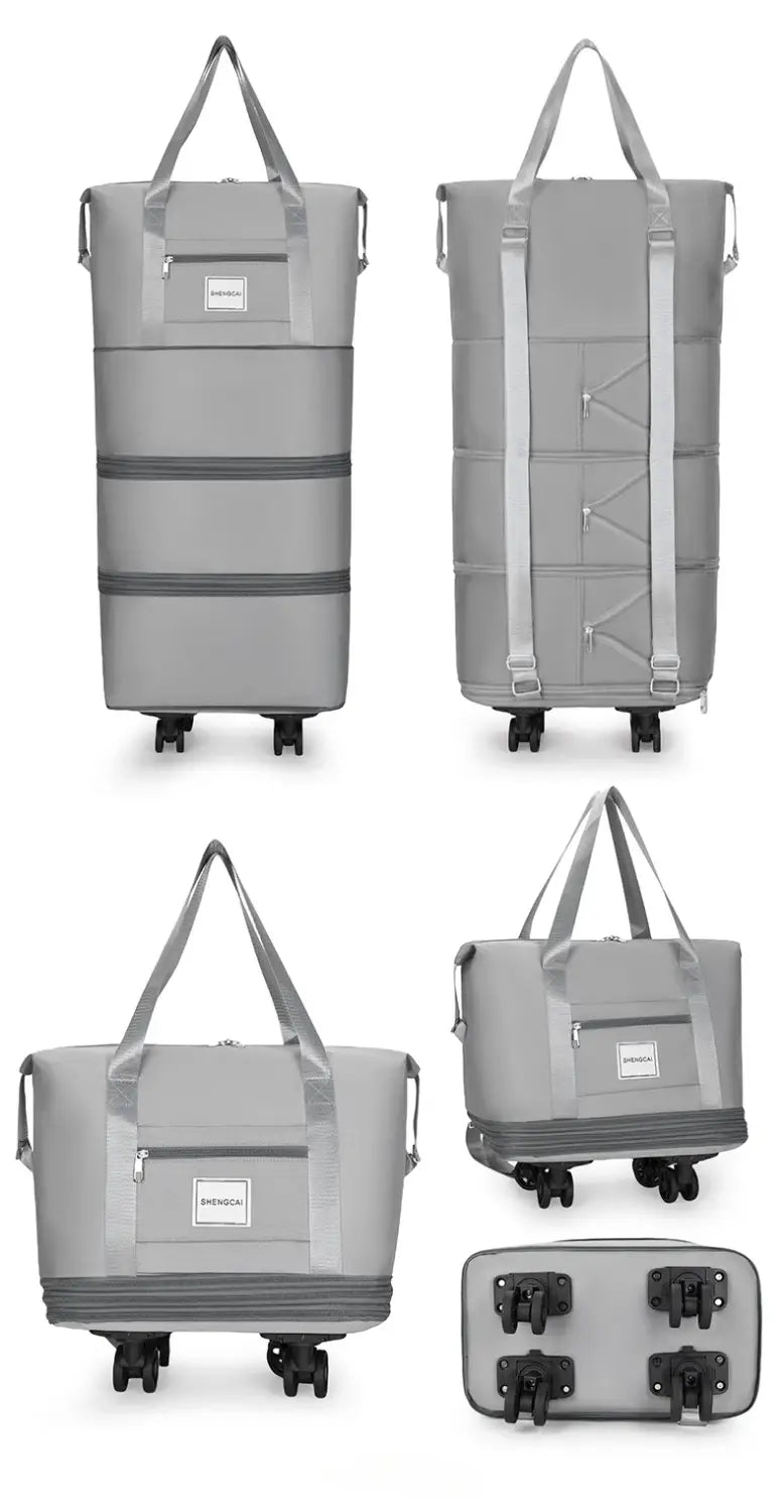 Un sac duffel roulant léger gris à grande capacité, avec plusieurs compartiments, des sangles réglables et une conception compacte pliable pour un usage en voyage