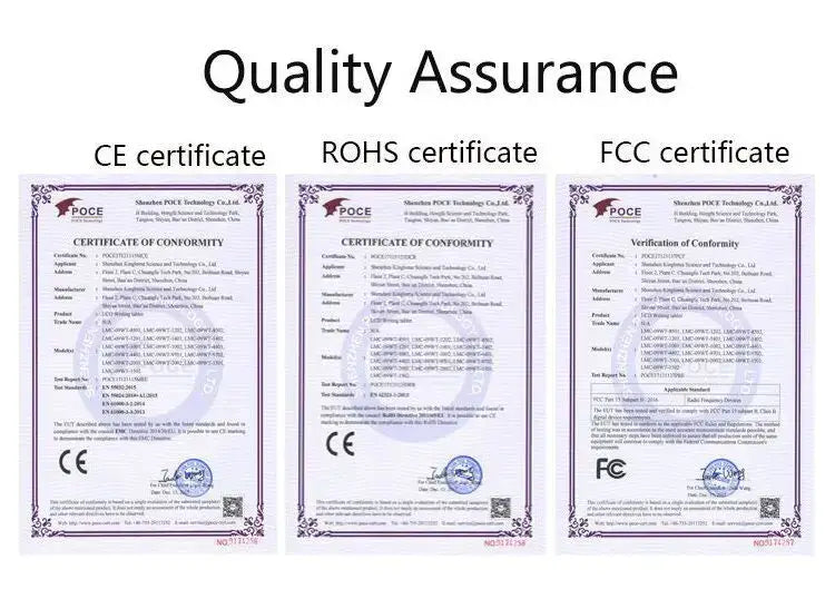 Tres certificados oficiales de conformidad CE, ROHS y FCC para Shenzhen POCE Technology Co., Ltd., que confirman los estándares de seguridad del producto de martillo de emergencia para automóvil y rompecristales con cortador del cinturón de seguridad color rojo.