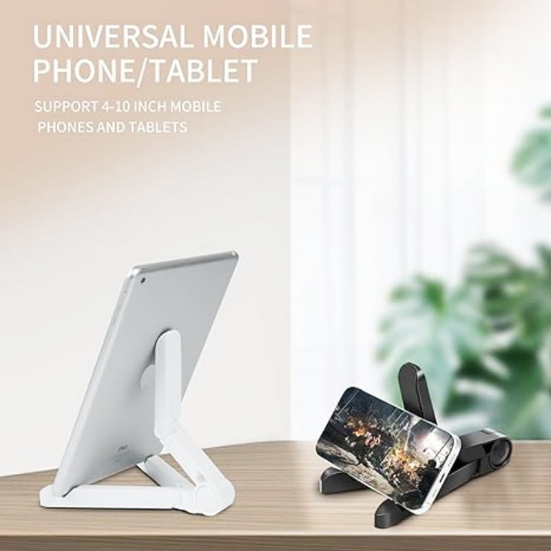 White plastic foldable tablet phone stand adjustable desk holder supporting a silver tablet and black smartphone as a portable monitor and tablet phone stand
