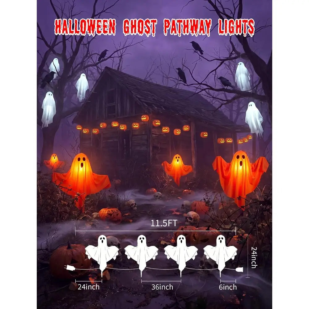 orange and white halloween ghost pathway lights with glowing jack o lantern faces designed as plug in ghost lights for outdoor decor