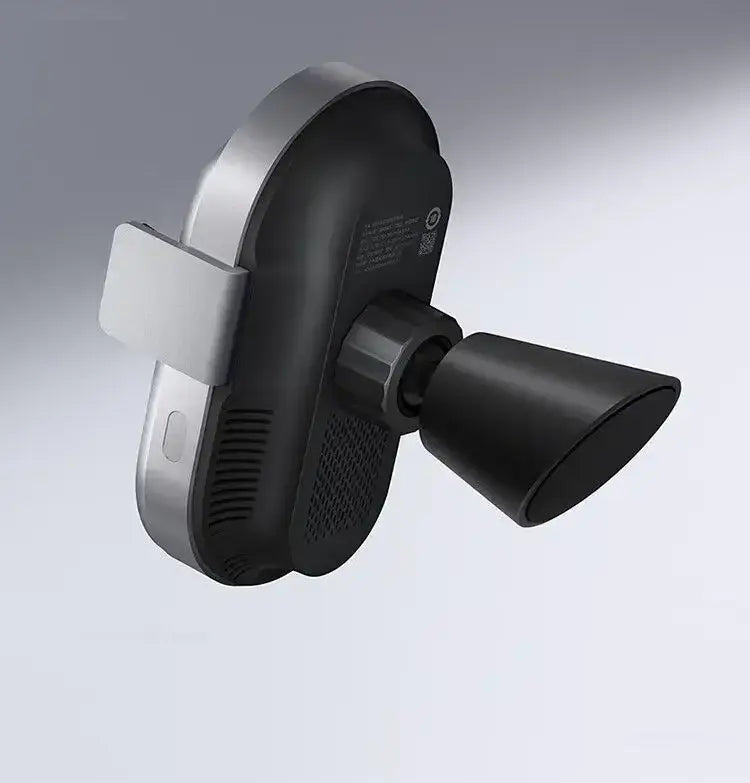 El cargador inalámbrico para coche Xiaomi de 50 W en negro y plata presenta un diseño moderno y elegante con un clip magnético para sujetar el teléfono de forma segura.