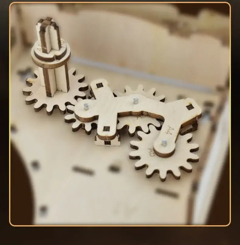 Ein beiges Holzgetriebe-Set mit kunstvollen Ausschnitten und metallischen Schrauben aus einem Klavier-Musikbox-3D-Holz-Puzzle-Bastelset.