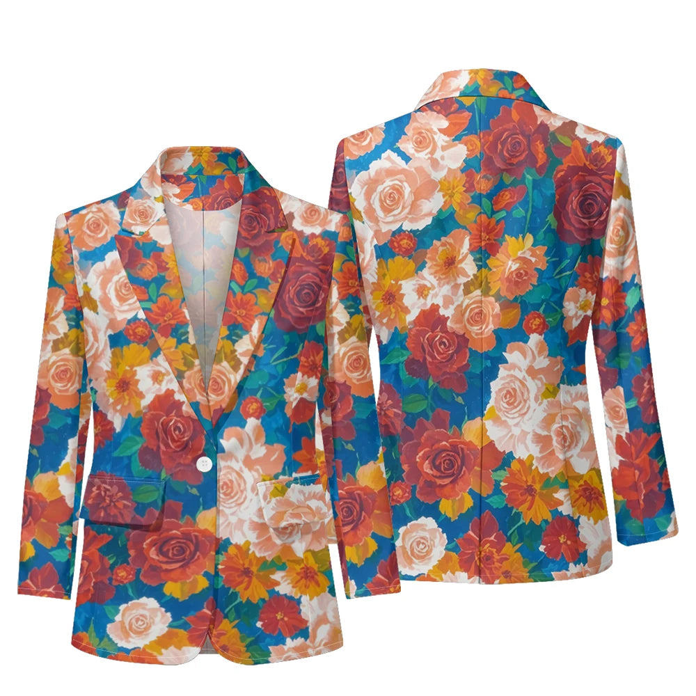 Artistic Floral Print Blazers for Women Versatile Office Spring Autumn Casual Wear Elegant Lapel Design with Functional Pockets