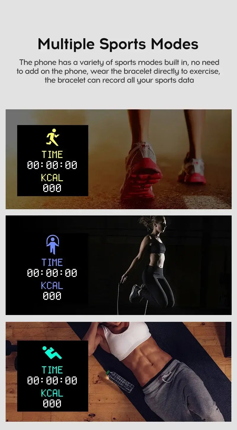 Black fitness smart watch bluetooth digital sports wristwatch bracelet with digital display showing time and calories burned during various sports activities.