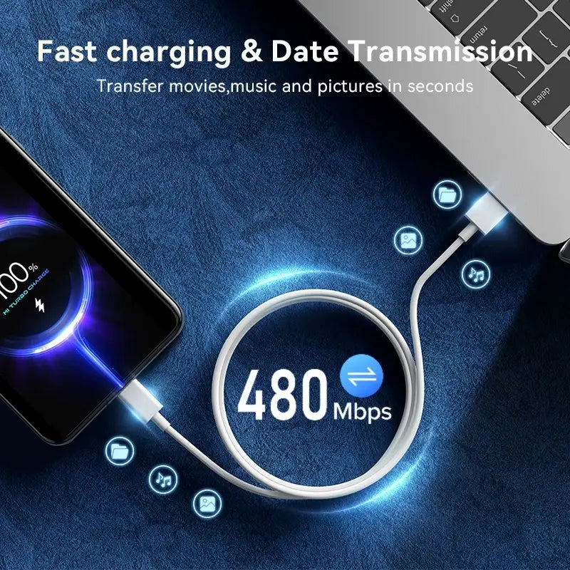 高速充電およびデータ伝送のための、急速充電に対応する洗練された編み込みデザインのホワイトXiaomi 67W急速充電Type-Cケーブル。