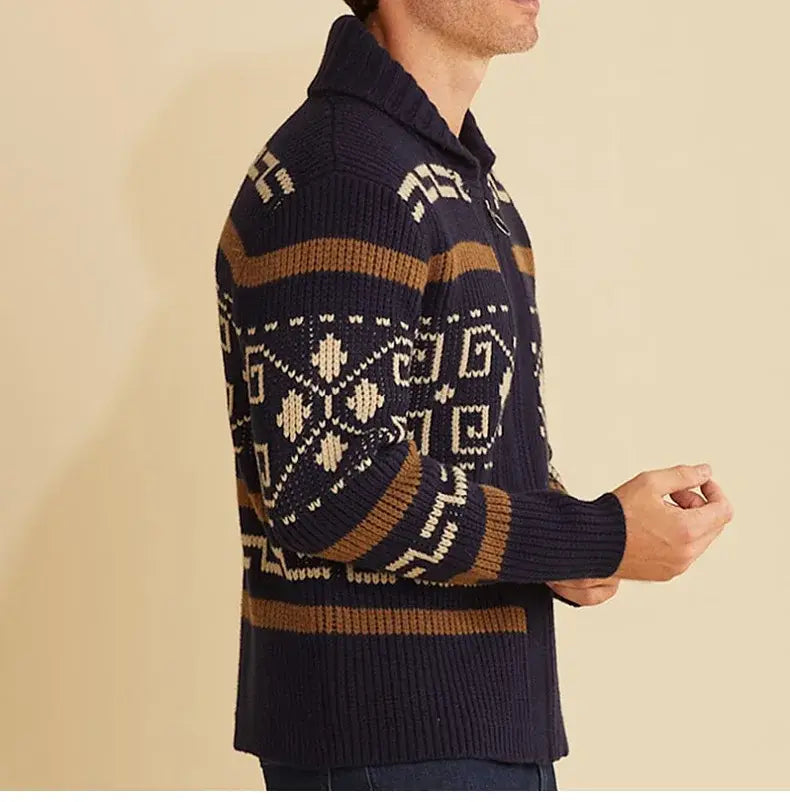 Pull-over cardigan vintage à fermeture éclair géométrique pour homme
