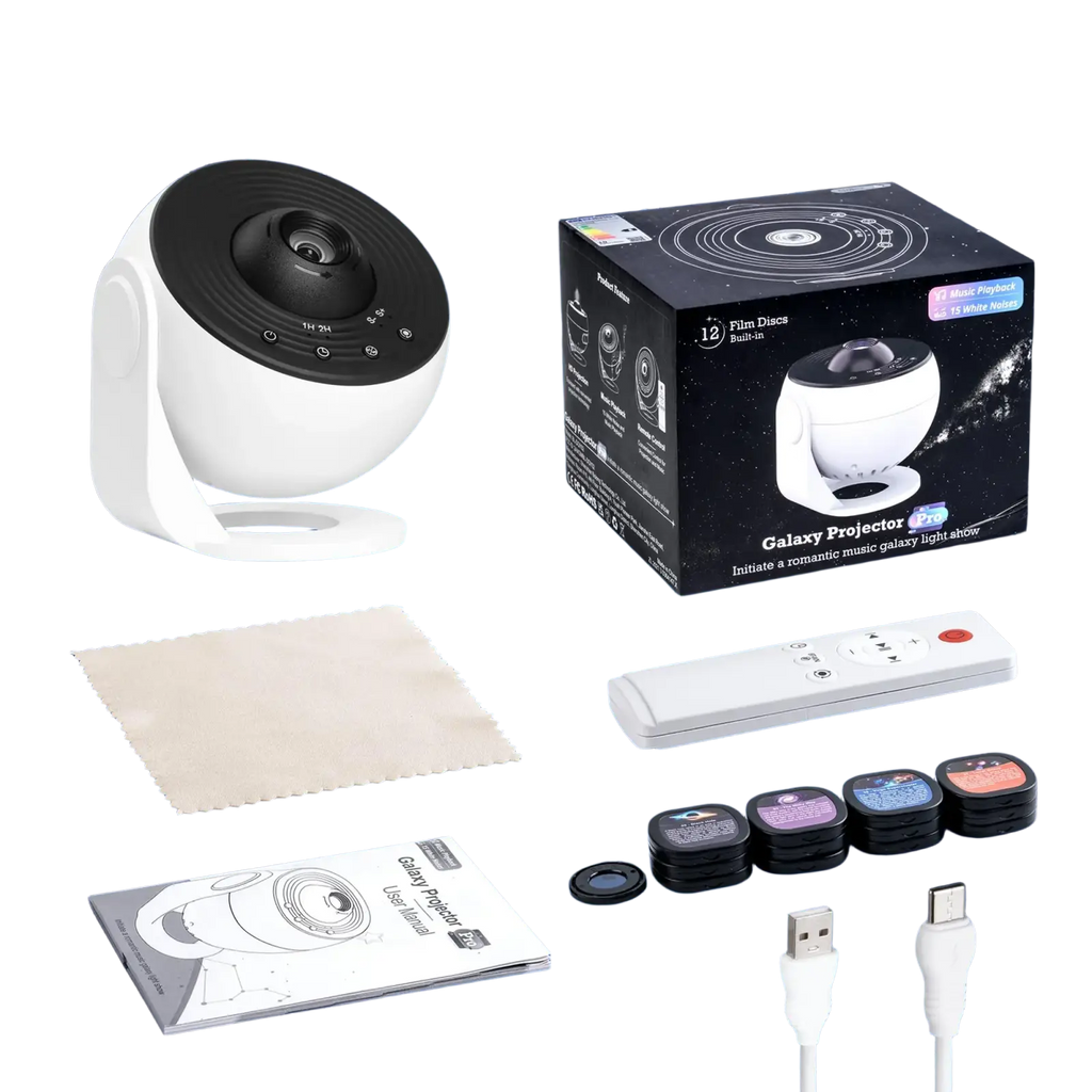 White and black galaxy projector pro with sleek design circular lens white noise timer bluetooth remote control