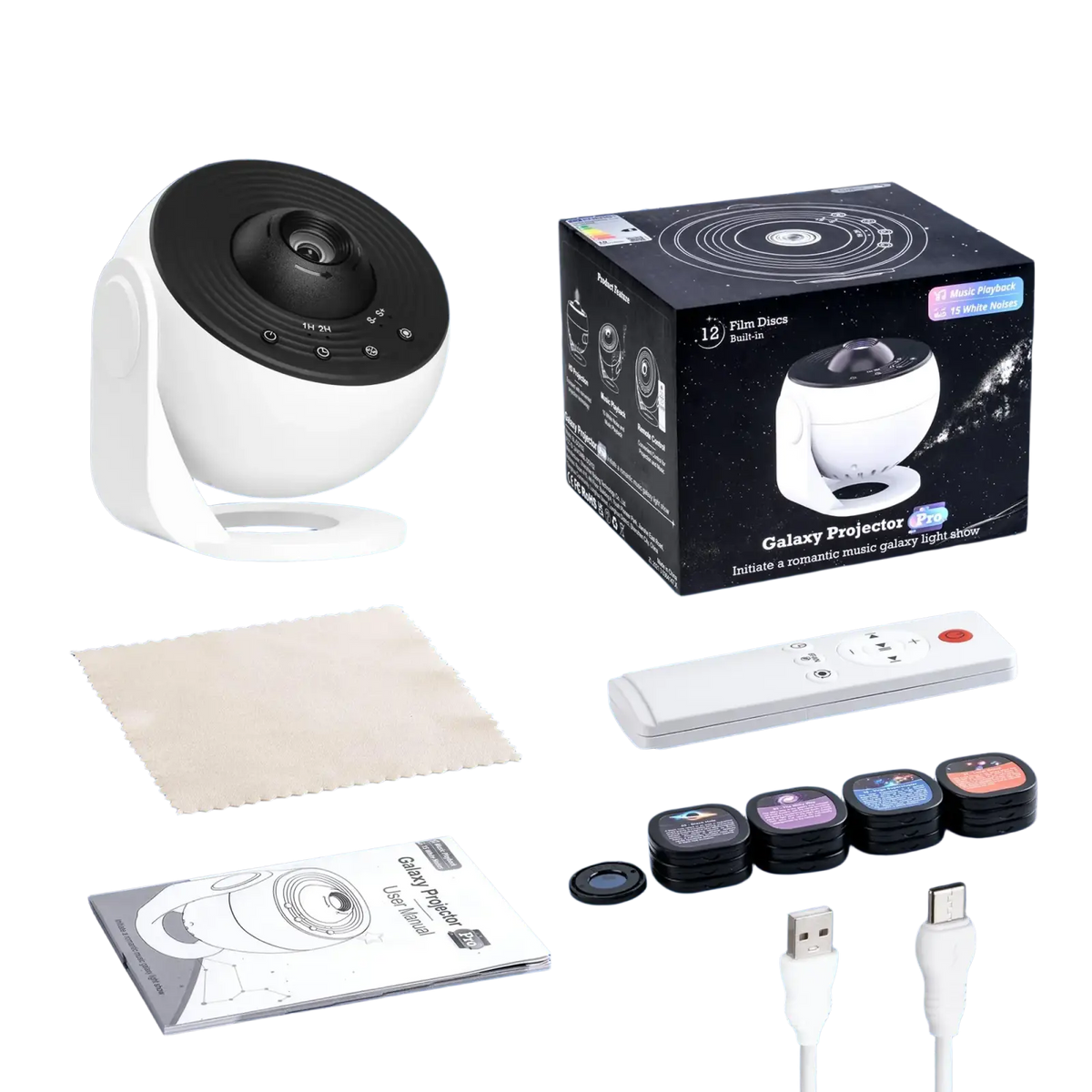 White and black galaxy projector pro with sleek design circular lens white noise timer bluetooth remote control