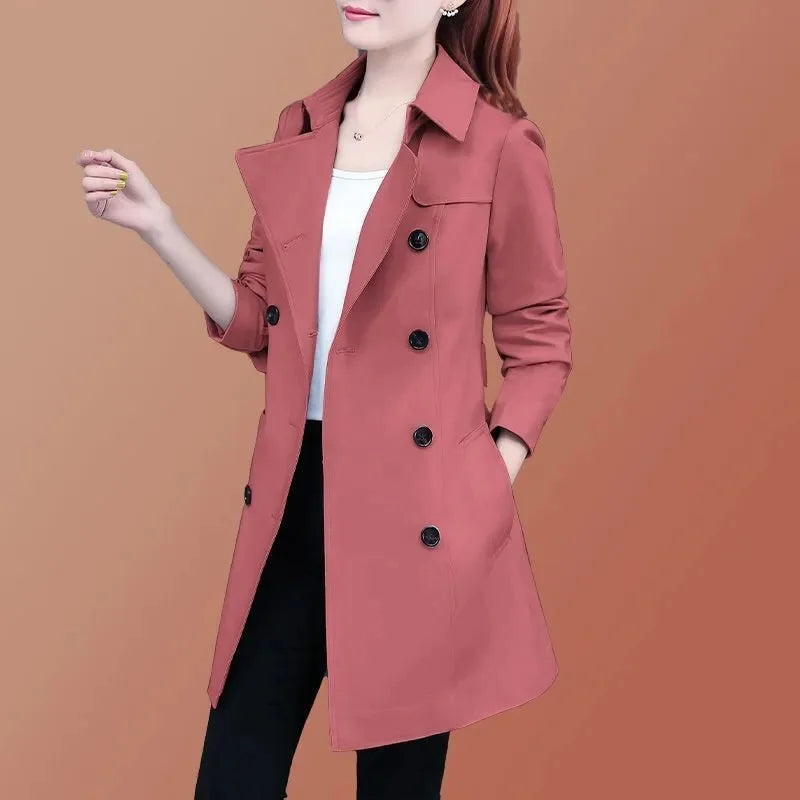 2025 New Trench Coat Midi Length Fashion Korean Elegant Khaki Black Loose Women's Windbreaker Coat Casual Double Breasted Tops