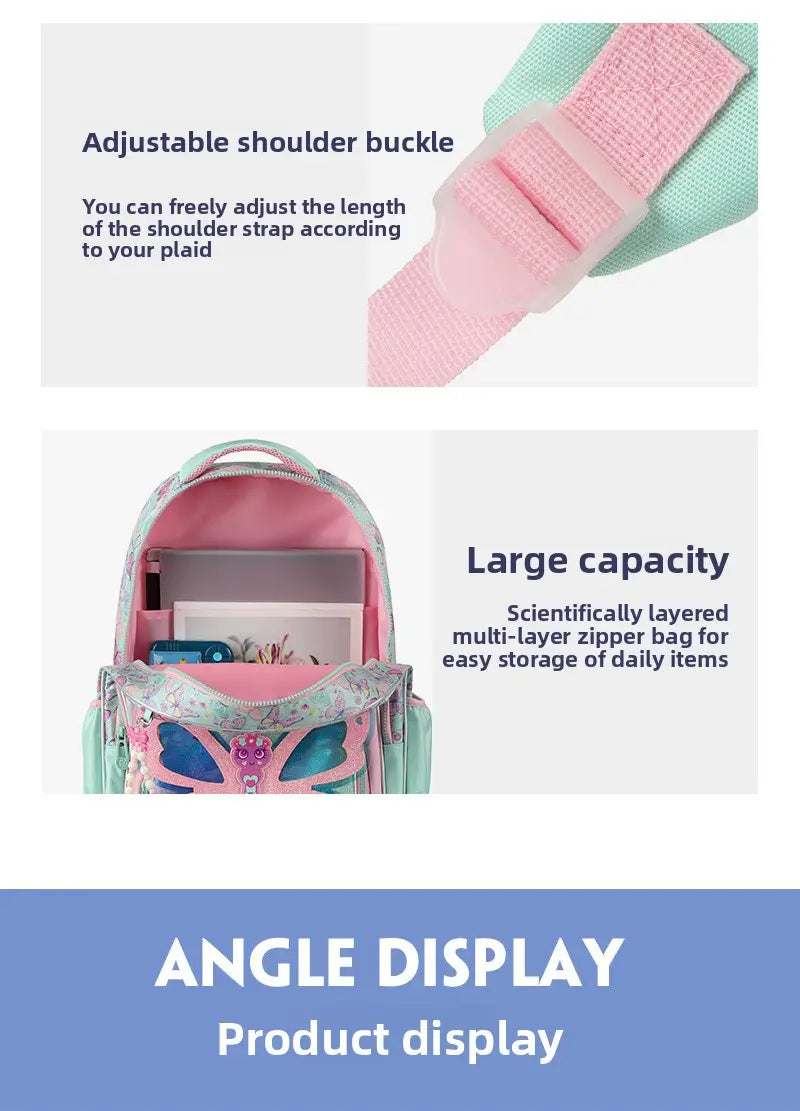 Pastellrosa und mintgrünes Mädchen-Schmetterlings-Schulrucksack-Set mit mehrschichtigem Reißverschluss-Design und detailliertem Schmetterlingsmotiv für die Nutzung in der Schule.