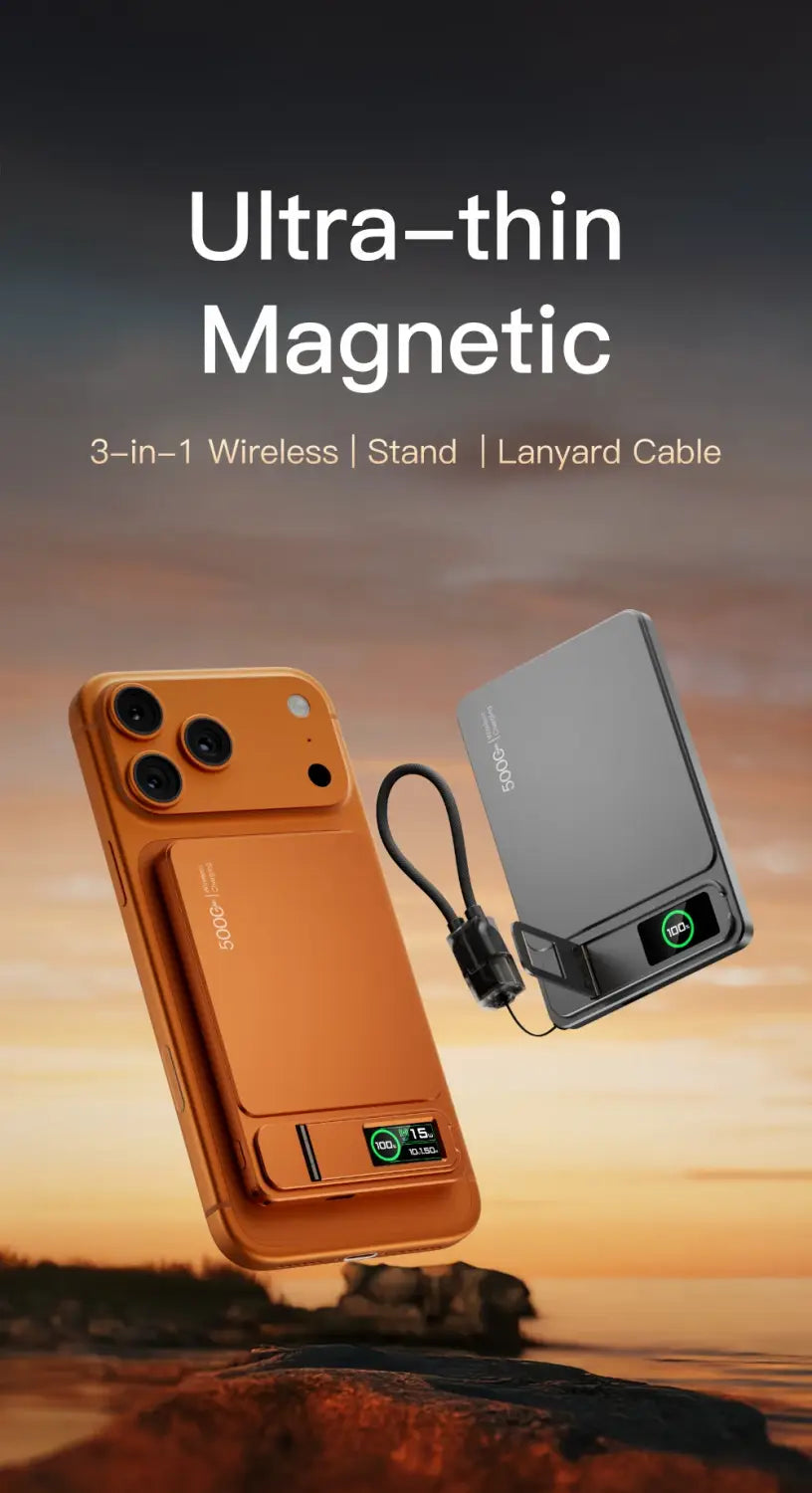 orangefarbene ultradünne magnetische kabellose Powerbank-Ladestation für iPhone mit integriertem Tragebandkabel und Kartenfach, ausgelegt für 5V=3A- und 9V-Schnellladen.