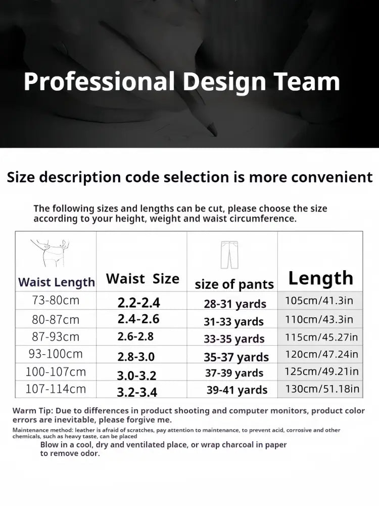 Mens automatic leather belt with silver buckle accompanied by a professional design team size chart for pants displaying waist length and size ranges in centimeters and inches alongside corresponding yardage measurements.