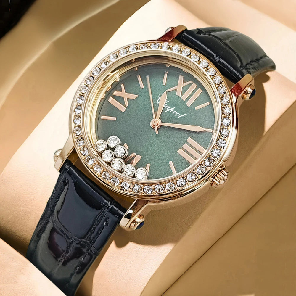 New Trendy Vintage Green Watch for Women, Stylish and Waterproof, with a Luxurious Diamond-Studded Design, Niche Camellia Style, Small Green Watch for Women, with Happy Diamonds