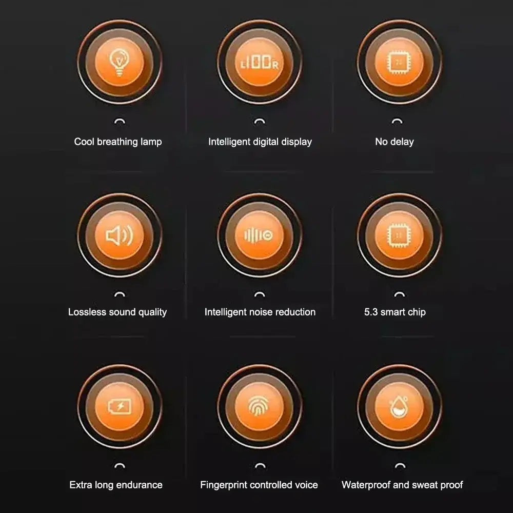 Orange circular icons with metallic rims displaying distinct symbols and labeled functions for wireless sleeping earbuds bluetooth 5.3 mini headphones.