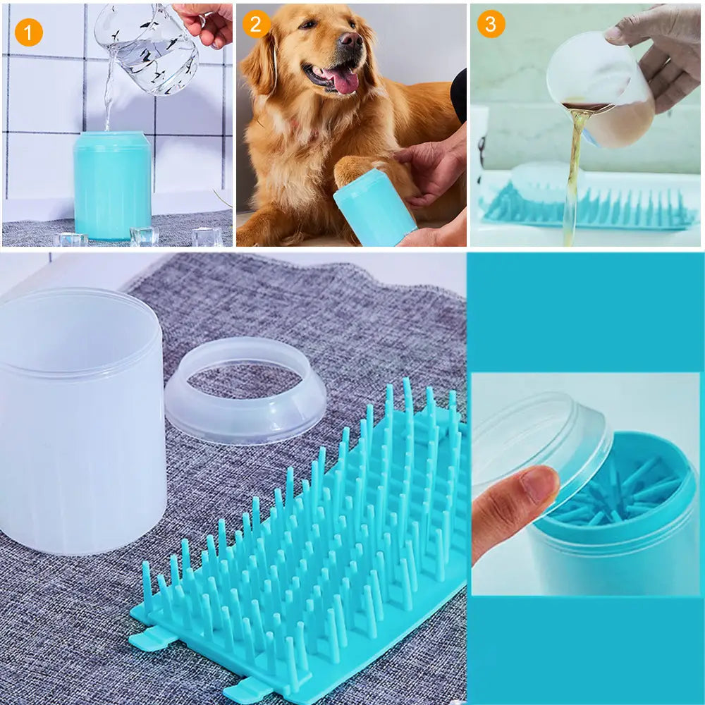 Taza de plástico turquesa para limpieza de patas en tamaño mini con contenedor cilíndrico a juego para lavar las patas de perros con silicona.