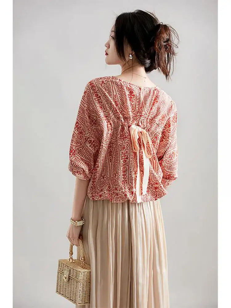 Elegant Blouses Women Vintage Bow Bandage Print Shirts Office Lady Summer Korean Batwing Sleeve Casual All Match Chic Tops