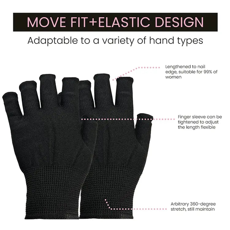 Guantes de punto sin dedos negros con tejido elástico texturizado y brazalete ajustable para soporte atlético unisex de la muñeca, mostrados desde el lado posterior.