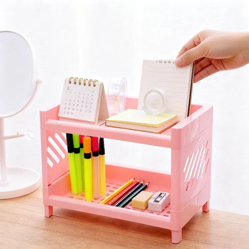 Office Desk Organizer, Double Layer Desktop Storage Rack for Stationery Supplies, Multifunctional Space Saving PP Material