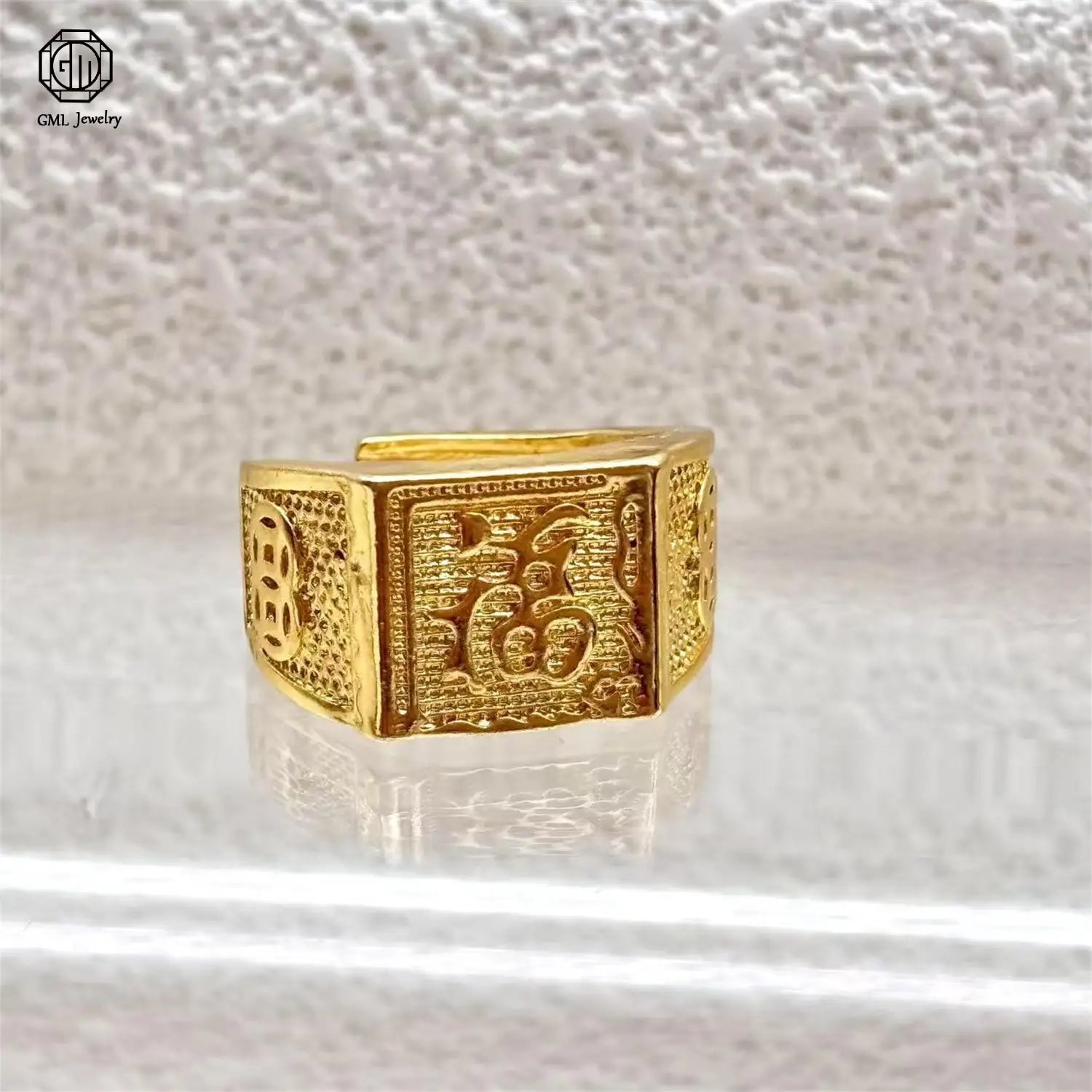 Gold-colored rectangular sand gold adjustable ring with intricate engraved Chinese characters and fade resistant matte wide band suitable for unisex wear.