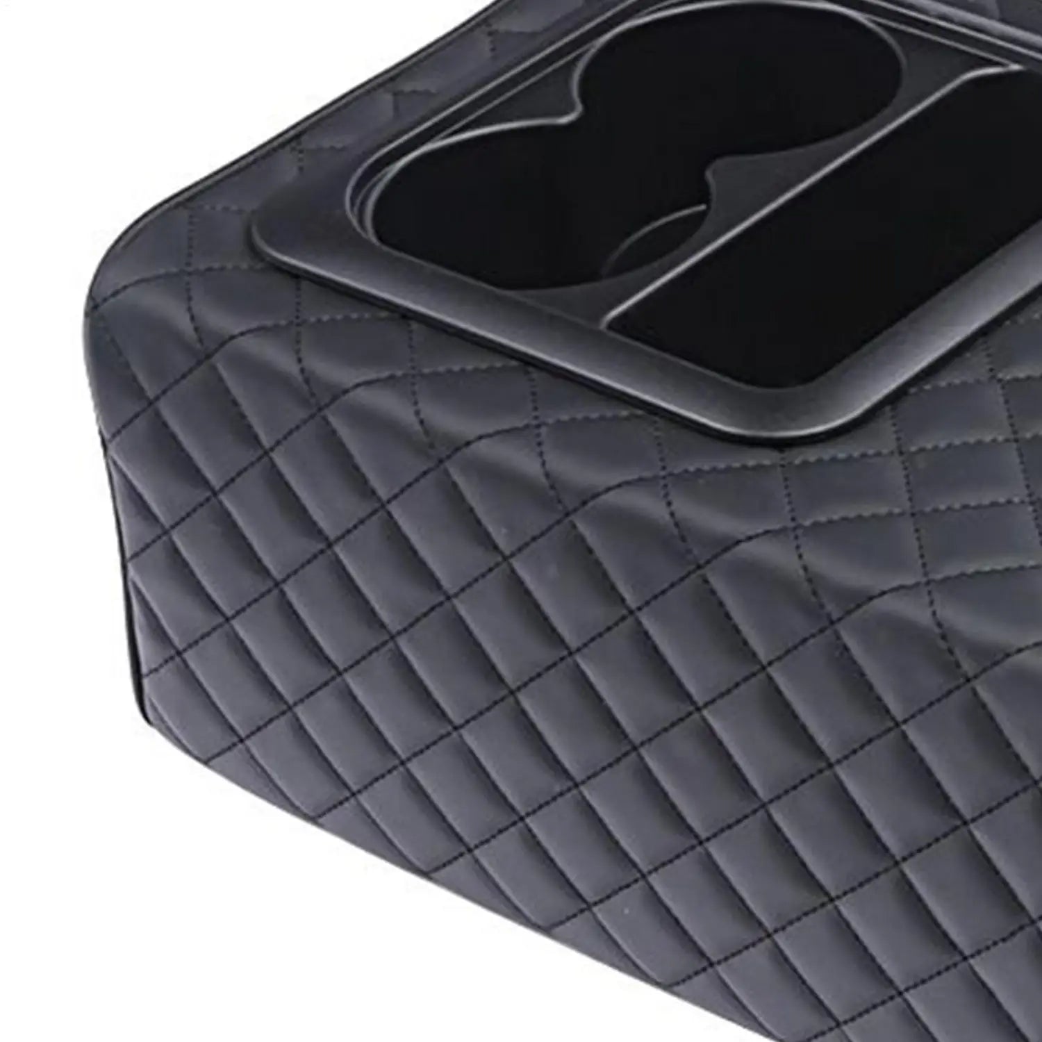 Organizador negro acolchado para consola de automóvil con espuma viscoelástica y una elegante bandeja negra brillante con dos portavasos para la organización del interior del vehículo.