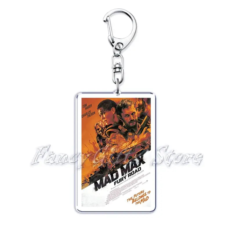 Silver metal keychain featuring a rectangular acrylic charm with the Mad Max Fury Road movie poster design from the movie poster acrylic keychain set.