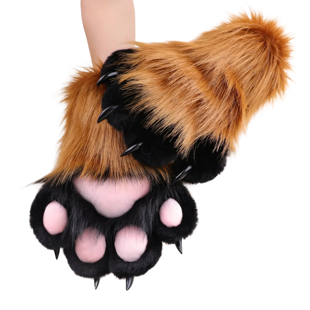 Faux fur cat claw gloves in tan and black with pink padded soles and sharp black claws for comfortable fit cosplay use