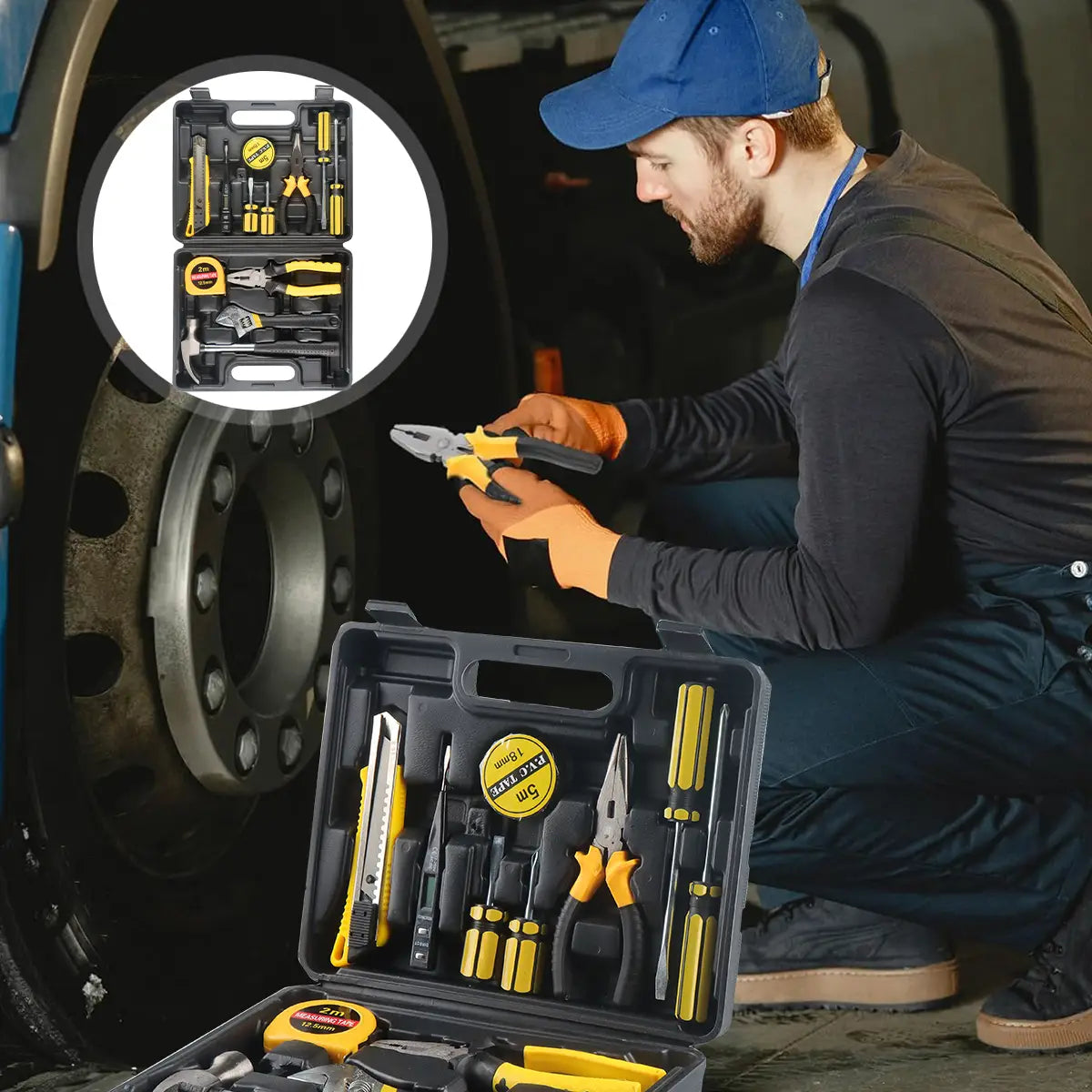Juego de herramientas manuales domésticas Wozobuy con mangos amarillo y negro, que cuenta con una variedad de instrumentos de precisión organizados de forma ordenada en un estuche de almacenamiento de plástico moldeado.