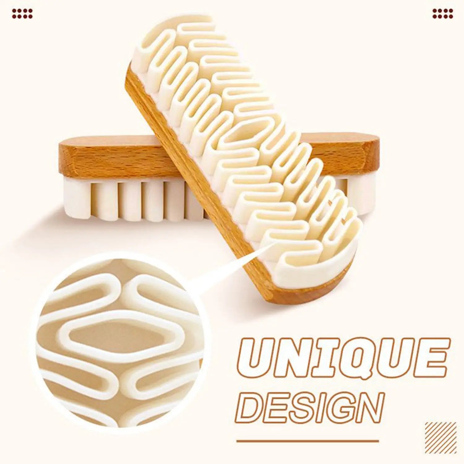 Cepillo de limpieza para interior de coche de ante Alcántara con cerdas blancas, mango de madera y un patrón zigzag único diseñado para superficies de Alcántara.