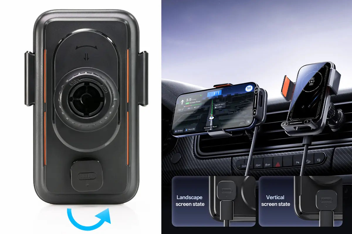 Black and orange wireless car phone charger 15w mount with rotating clamp for secure holding in landscape and vertical screen orientations.