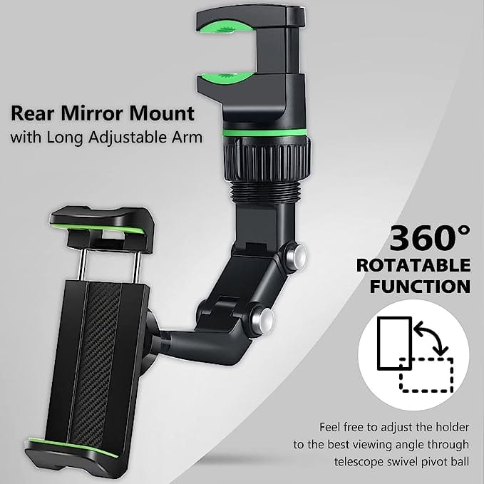 black rearview mirror car phone holder mount with green accents and long adjustable arm shown from the back side featuring 360 rotatable function