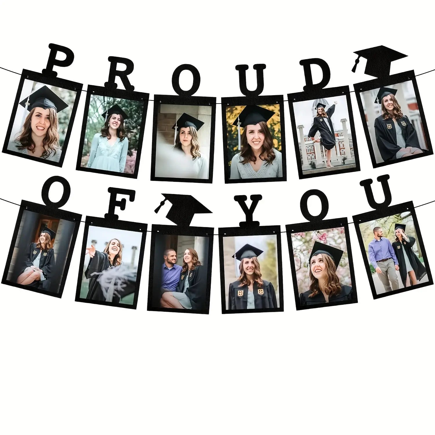 Black 2025 graduation photo banner featuring a black background with framed images of graduates and letter cutouts spelling proud of you for celebratory display.
