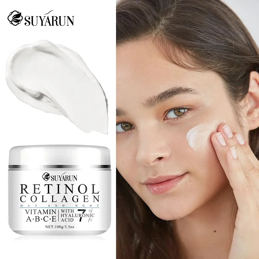 Crema de día y noche de retinol y colágeno de Suyarun en un frasco plateado elegante con texto negro, que presenta una fórmula de vitaminas A-B-C-E y manteca de karité para un cuidado de la piel delicada.