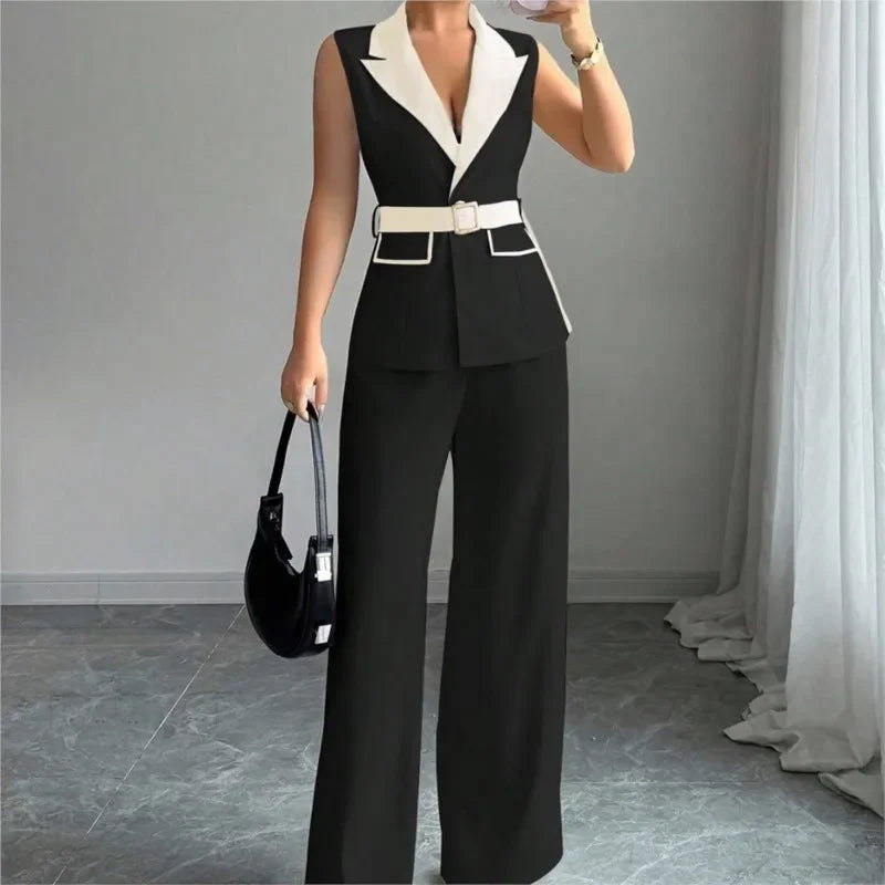 Women's Office Lady Ensemble Outfit Autumn Sleeveless Straight Leg Pants Set Classy Bandeau Elegant Style Top And Vest 2 Set