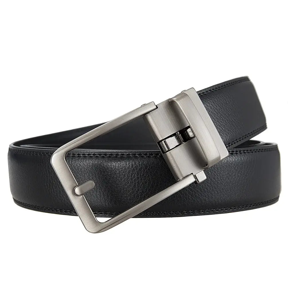 Black leather automatic buckle belt for men with a sleek silver-toned buckle.