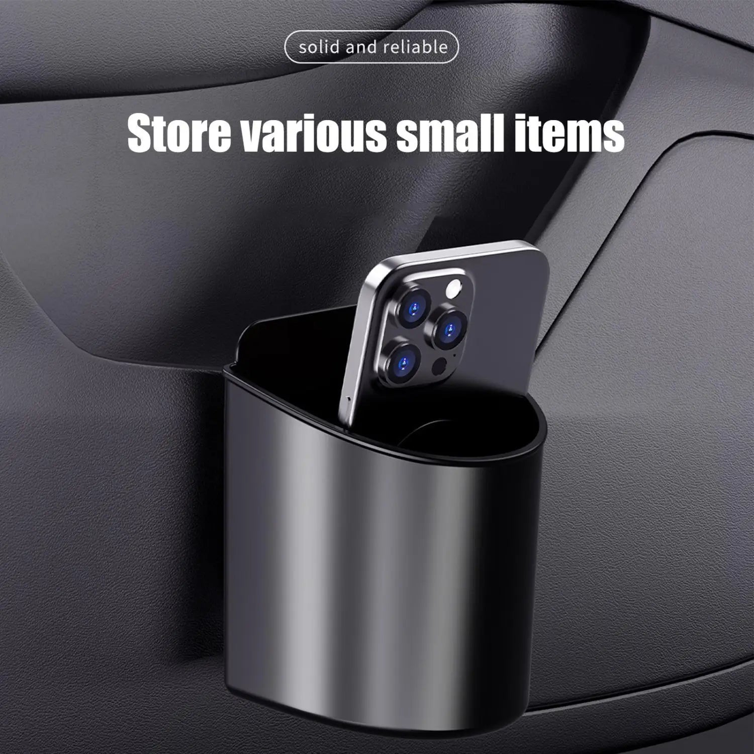 Black sleek metal car door cup holder designed for vehicles to store various small items efficiently.